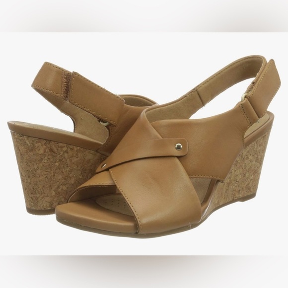 Clarks Women's Margee Eve Heeled Sandal Corked Wedges Tan Leather US Size 9.5 - Picture 3 of 16